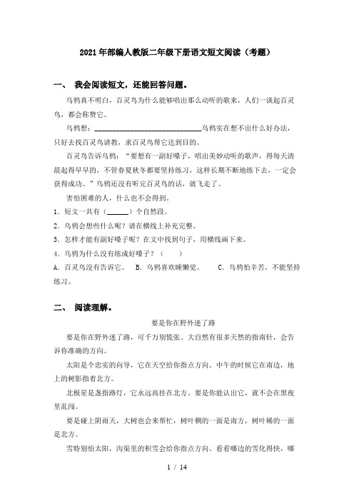 2021年部编人教版二年级下册语文短文阅读(考题)