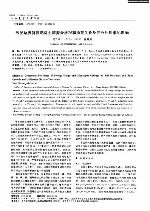 污泥垃圾复混肥对土壤养分状况和油菜生长及养分利用率的影响