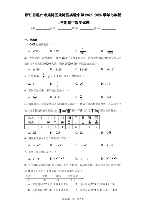 浙江省温州市龙湾区龙湾区实验中学2023-2024学年七年级上学期期中数学试题