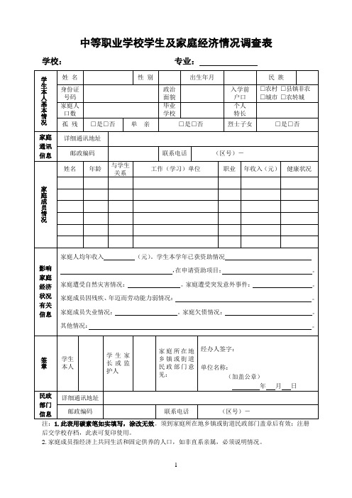 中等职业学校学生家庭经济情况调查表