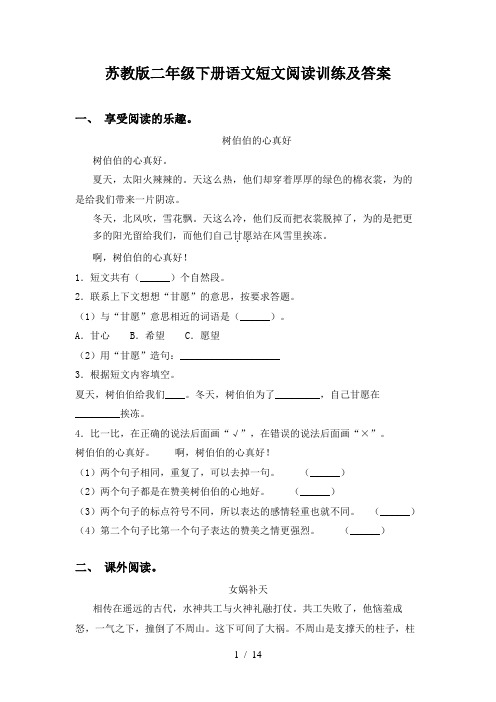 苏教版二年级下册语文短文阅读训练及答案