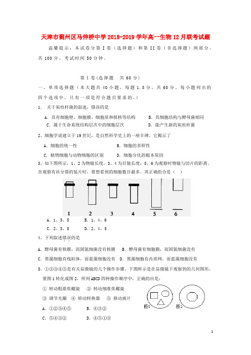 天津市蓟州区马伸桥中学2018-2019学年高一生物12月联考试题