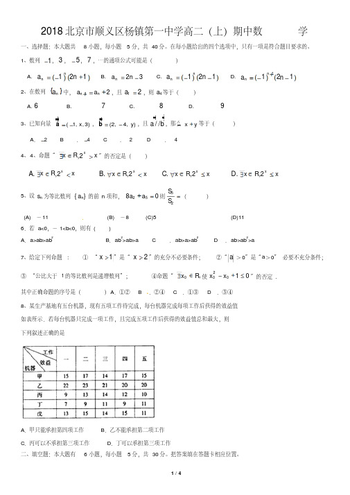 2018北京市顺义区杨镇第一中学高二(上)期中数学