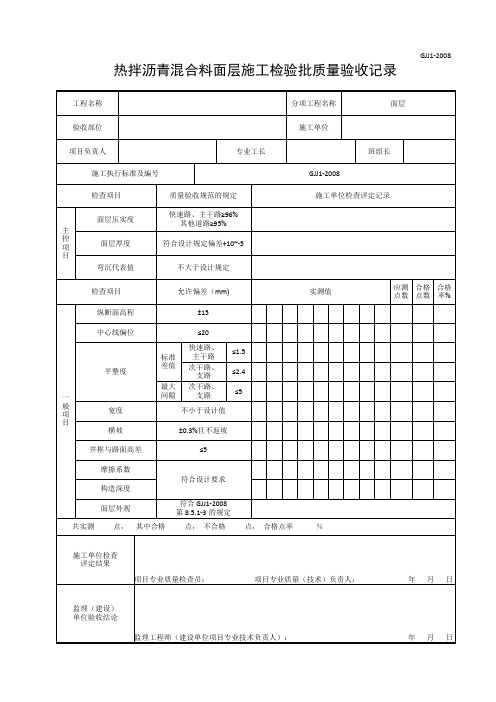 道路热伴沥青面层质量验收记录表(规范GJJ1-2008改)
