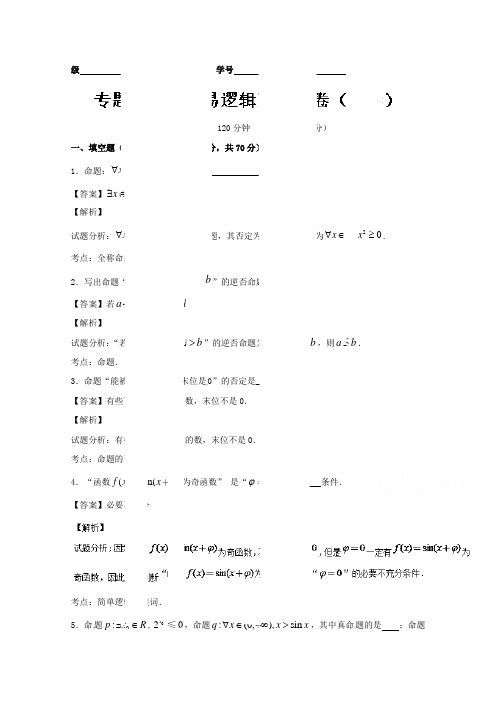 推荐高三数学同步单元双基双测“AB”卷江苏 专题 简易逻辑A卷 含解析