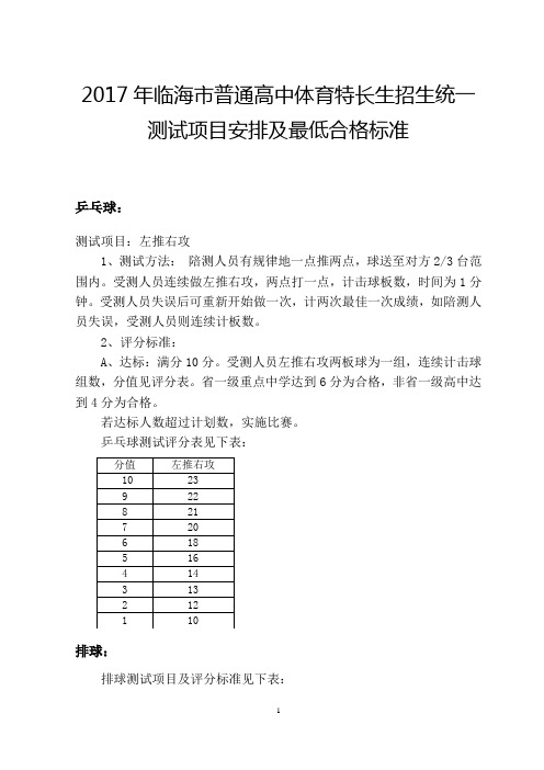 2017年临海市普通高中体育特长生招生统一测试项目安排及最低合格标准