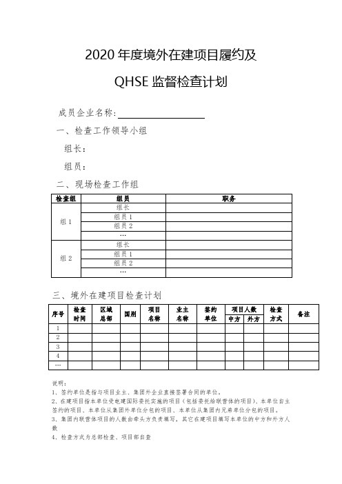 成员企业2020年度境外在建项目履约及QHSE检查计划