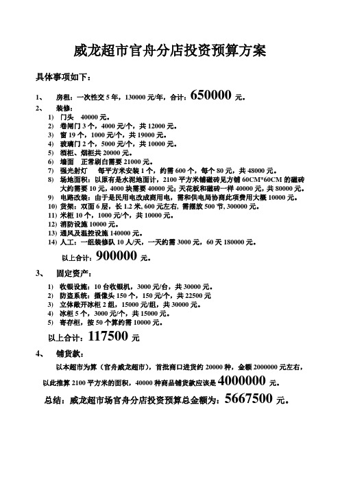 威龙超市官舟分店投资预算方案