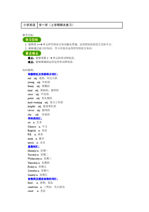 五年级英语上册知识讲义-学一学(期末复习)-人教PEP版