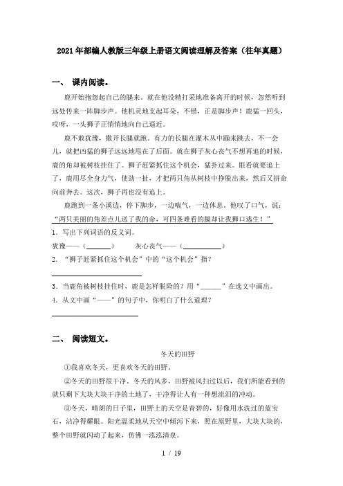 2021年部编人教版三年级上册语文阅读理解及答案(往年真题)