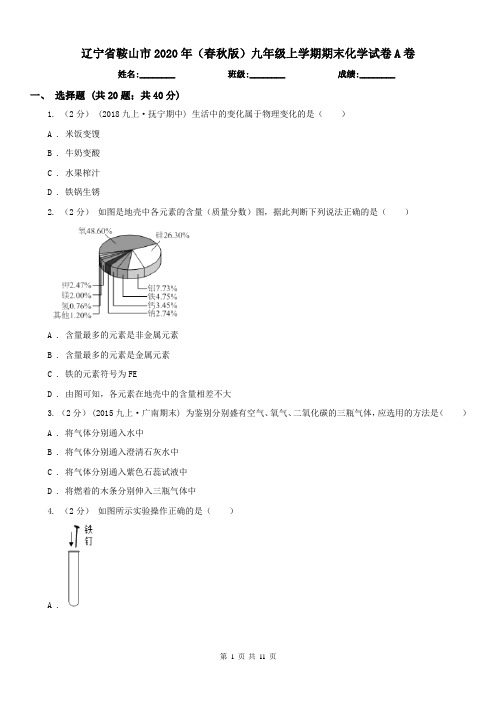 辽宁省鞍山市2020年(春秋版)九年级上学期期末化学试卷A卷