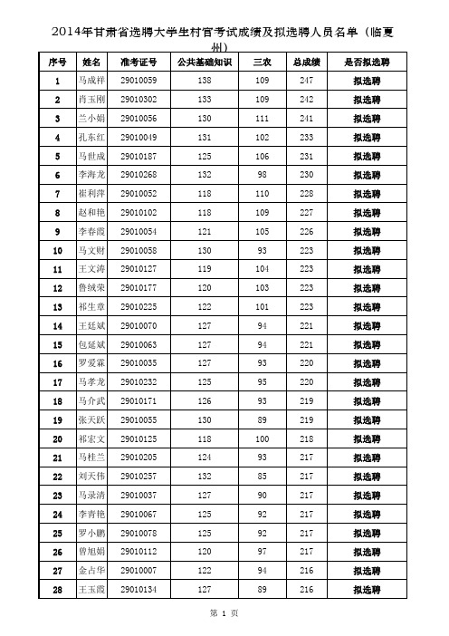 2014临夏村官成绩