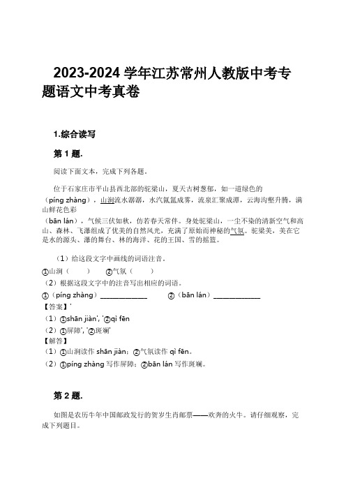 2023-2024学年江苏常州人教版中考专题语文中考真卷习题及解析