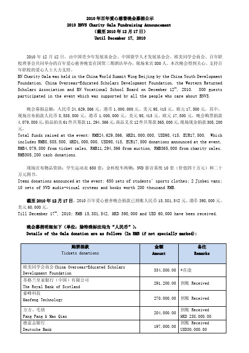百年爱心慈善晚会捐款数额