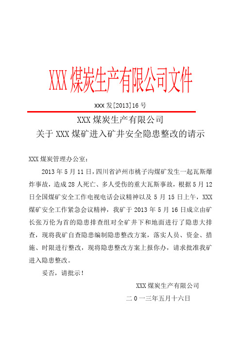 XXX煤炭生产有限公司隐患排查整改方案