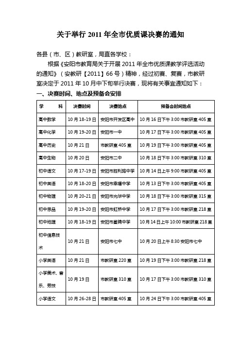 关于举行2011年全市优质课决赛的通知