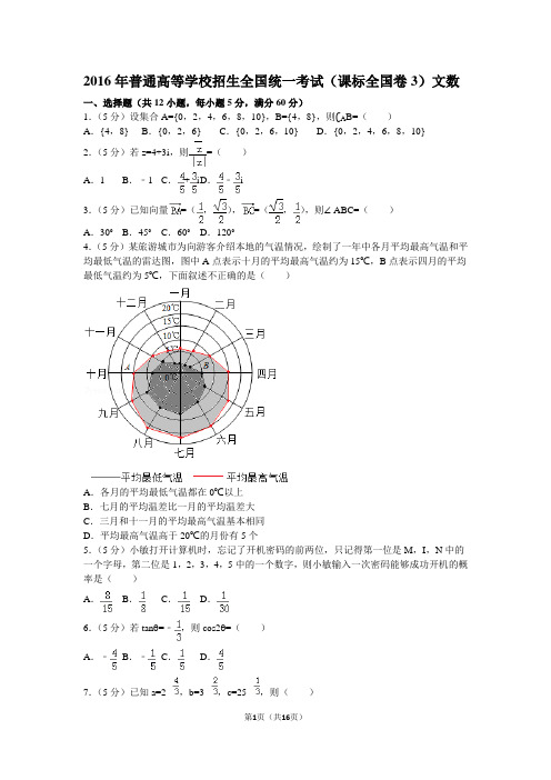 2016年普通高等学校招生全国统一考试(新课标全国卷3)文数
