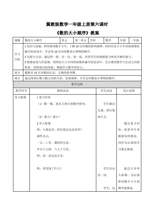 冀教版数学一年级上册第六课时《数的大小顺序》教案课题