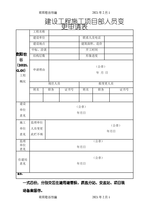建设工程施工项目部人员变更申请表之欧阳歌谷创编