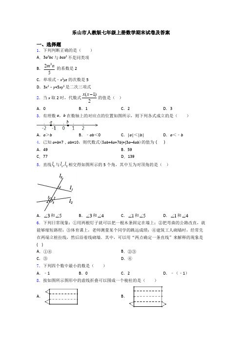 乐山市人教版七年级上册数学期末试卷及答案