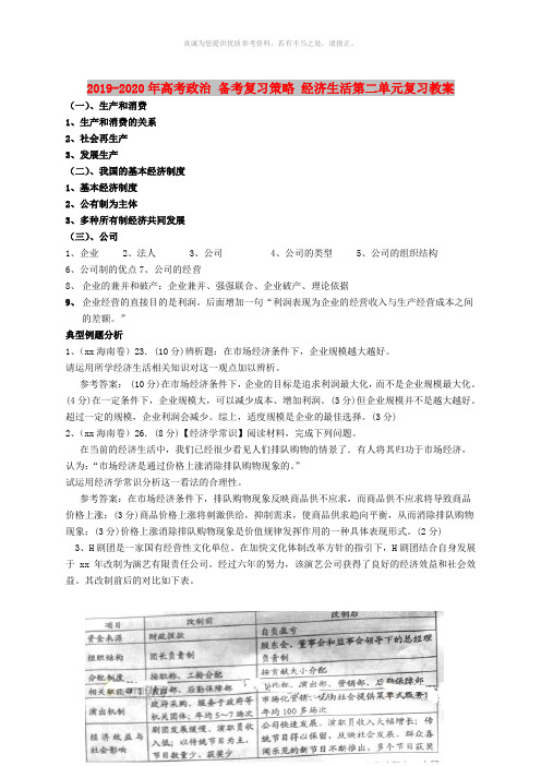 2019-2020年高考政治 备考复习策略 经济生活第二单元复习教案