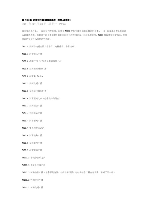 郑州FM调频频率表附带AM调幅