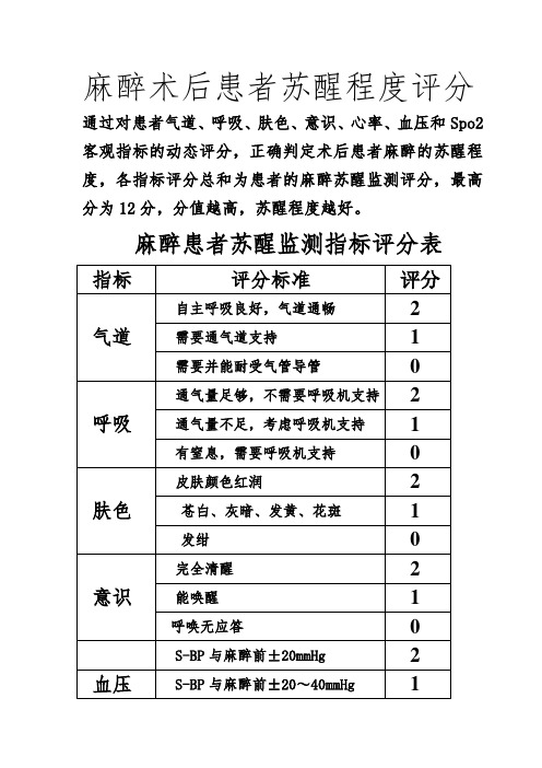 麻醉术后患者苏醒程度评分