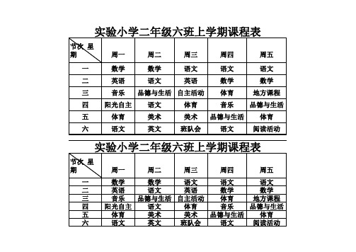 实验小学二年级六班上学期课程表