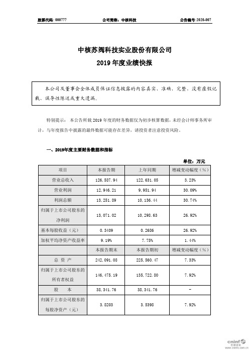 中核科技：2019年度业绩快报