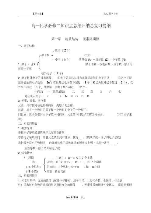 高一化学必修二知识点总结归纳总复习提纲