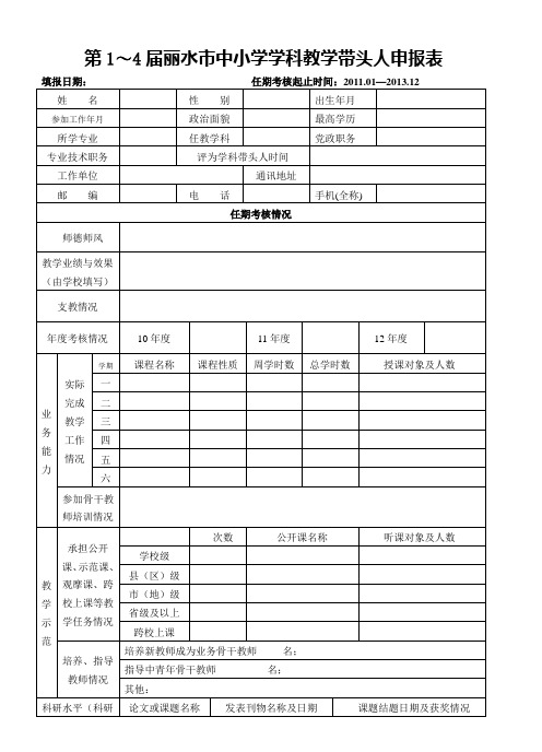 丽水市学科带头人任期考核表