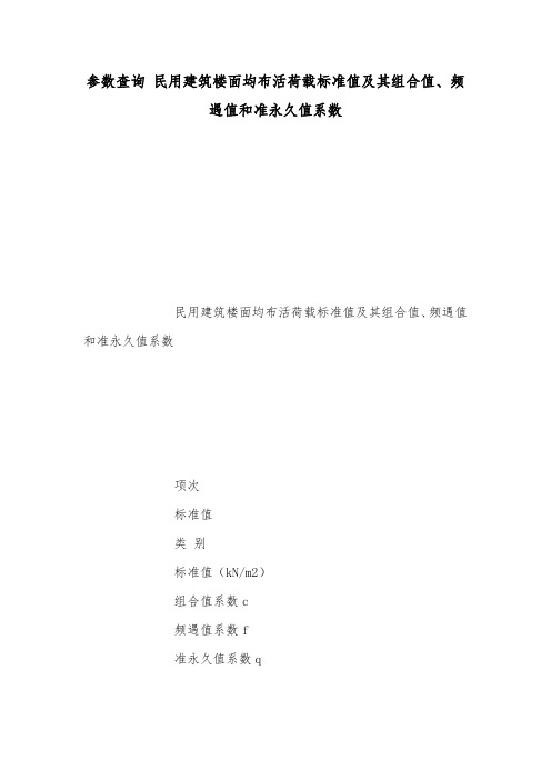参数查询 民用建筑楼面均布活荷载标准值及其组合值、频遇值和准永久值系数.doc