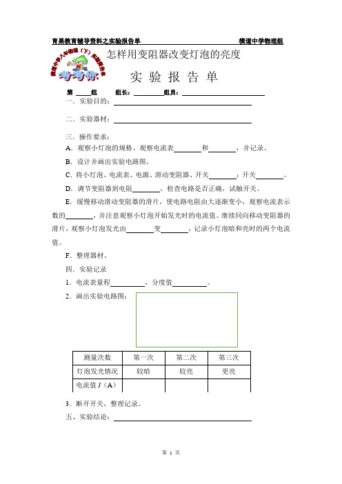 九年物理实验报告单--用变阻器改变灯泡的亮度