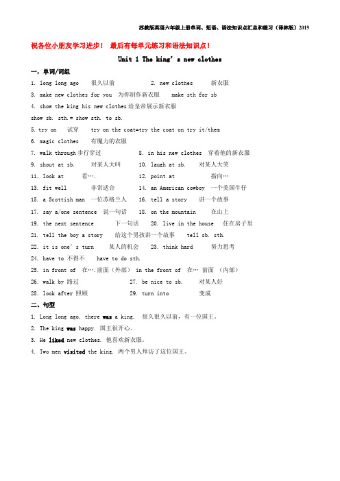 苏教版英语六年级上册单词、短语、语法知识点汇总和练习(译林版)2019