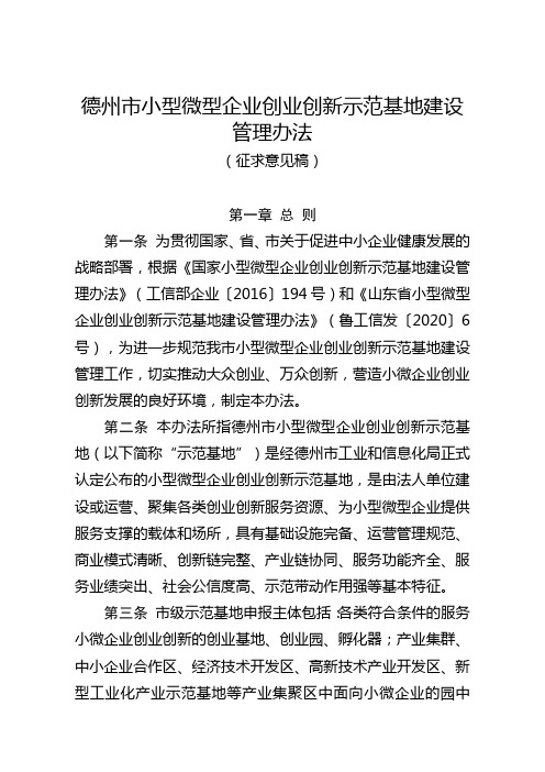 德州市小型微型企业创业创新示范基地建设管理办法