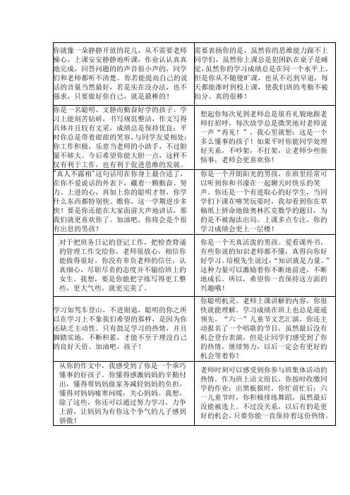 小学期末评语表格式