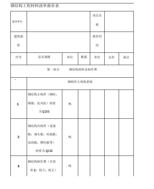 钢结构工程材料清单报价表