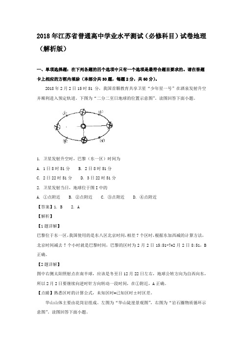 2018年江苏省普通高中学业水平测试(必修科目)试卷地理(解析版)