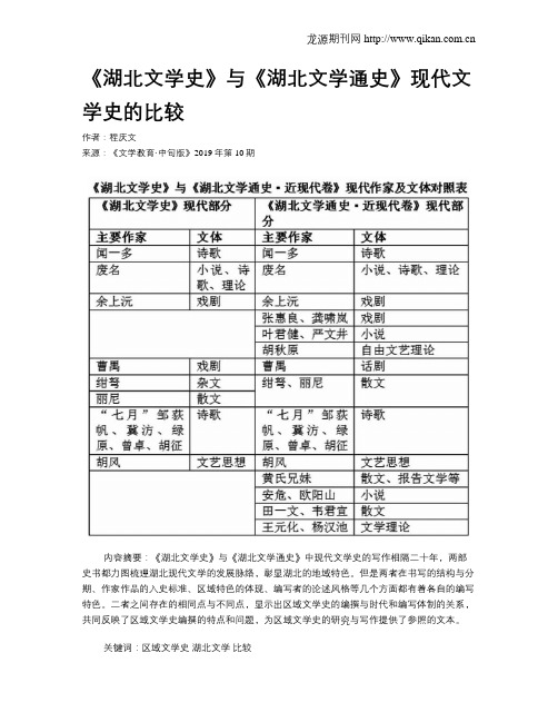 《湖北文学史》与《湖北文学通史》现代文学史的比较