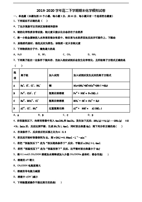 江苏省宿迁市2019-2020学年高二化学下学期期末调研试题