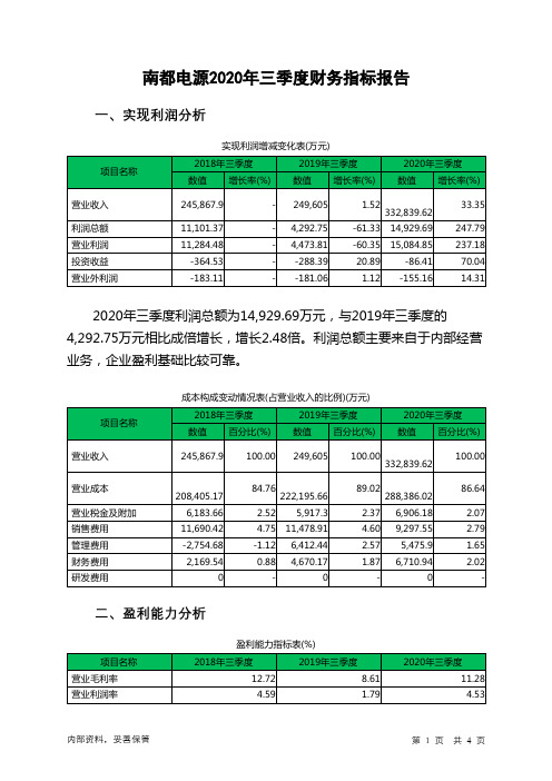 南都电源2020年三季度财务指标报告