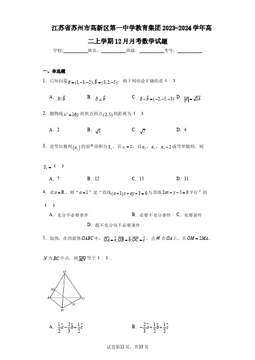 江苏省苏州市高新区第一中学教育集团2023-2024学年高二上学期12月月考数学试题