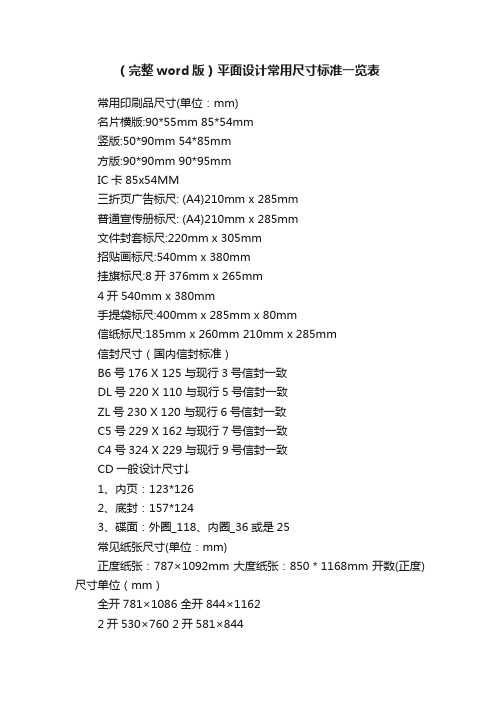 （完整word版）平面设计常用尺寸标准一览表