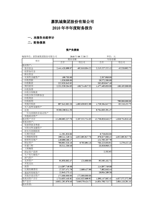 嘉凯城：2010年半年度财务报告 2010-07-22