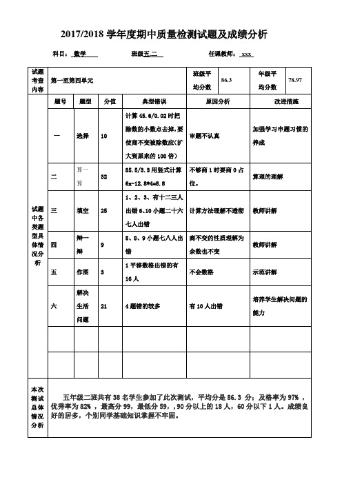 20172018学年度第一学期期中质量检测成绩分析