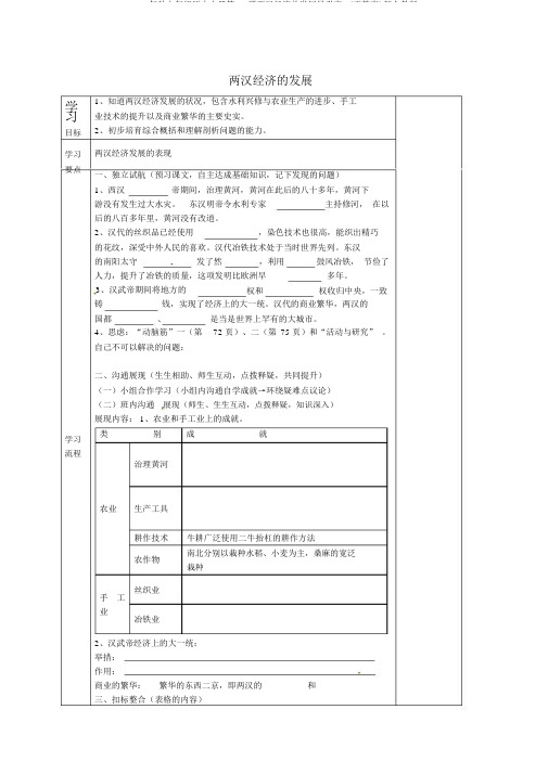 2020年秋七年级历史上册第13课两汉经济的发展导学案1(无答案)新人教版