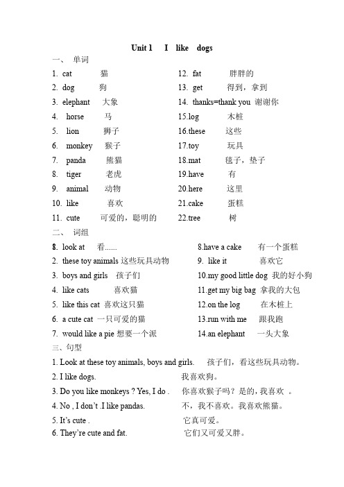 译林版小学英语4AUnit1I like dogs复习纸