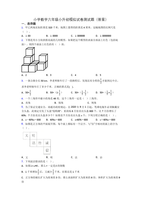 小学数学六年级小升初模拟试卷测试题(答案)