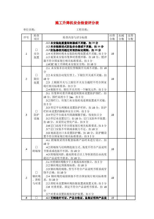 施工升降机安全检查评分表 施工升降机安全检查表