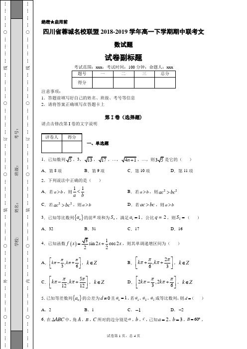 四川省蓉城名校联盟2018-2019学年高一下学期期中联考文数试题